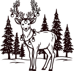 Fototapeta premium Decorative reindeer with ornamented antlers in winter forest hand drawn vintage illustration