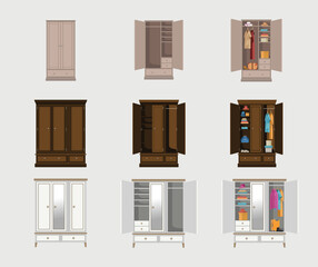 An illustration of three different types of CUPBOARDS with comfort background that can be editable.