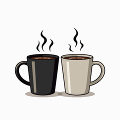 Two Mugs of Hot Coffee or Chocolate with Steam, Black and White, Cartoon Style Illustration