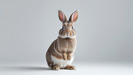 Obraz premium Cute brown and white rabbit standing on hind legs on white background