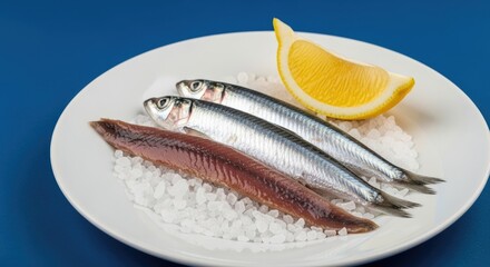 Fresh Anchovies with Lemon: Salt Plate, Blue Background