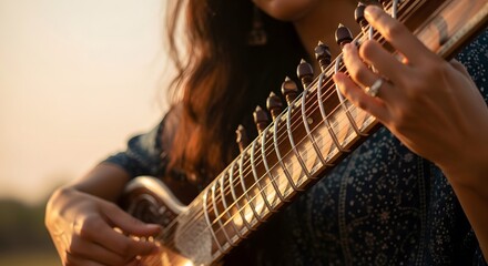 Golden Hour Sitar Music A woman plays a sitar in the warm glow of sunset, her fingers dancing across the strings creating a mesmerizing melody.