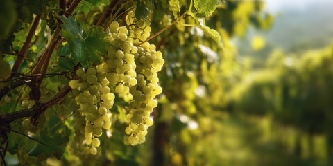 The lush green grapes hanging in the vineyard under soft sunlight.