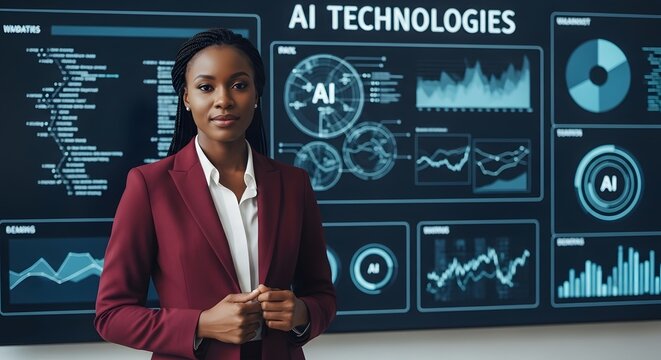 Confident businesswoman stands before a large screen displaying intricate AI technology dashboards, graphs, and data visualizations. Her expression is serious and composed.