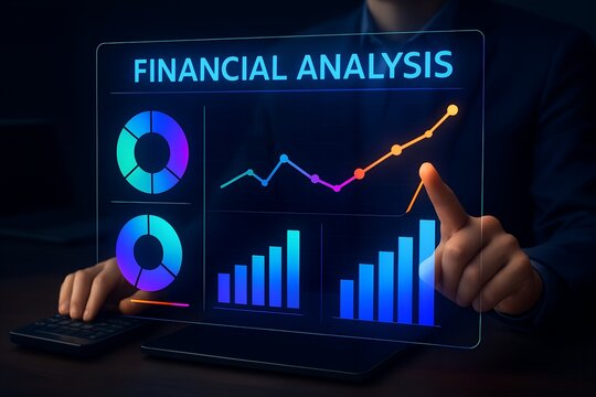 Business professional analyzing financial data on a futuristic digital screen with charts