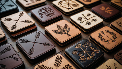 Variety of wooden and leather coasters displaying artistic floral and arrow designs