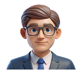 3D Cartoon Businessman Character Portrait with Glasses in Suit and Tie Isolated
