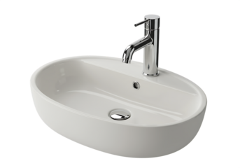 Modern white ceramic bathroom sink with chrome faucet Isolated on transparent background simple design