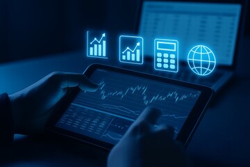 Person analyzing financial data on a tablet with glowing business icons overhead
