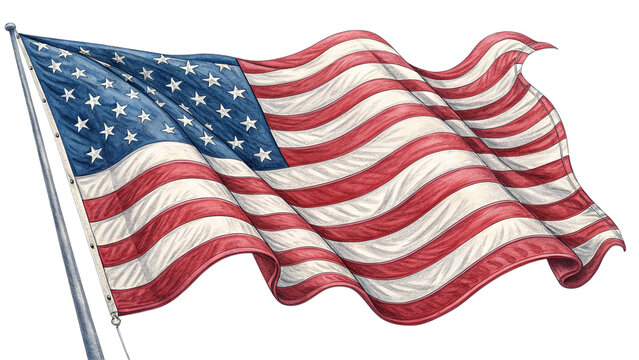 A waving american flag with stars and stripes against a black background on a metal pole created with generated ai