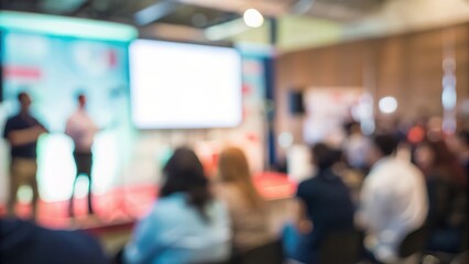 Fototapeta premium Blurred trade show background with excited business audience listening to startup presentation 