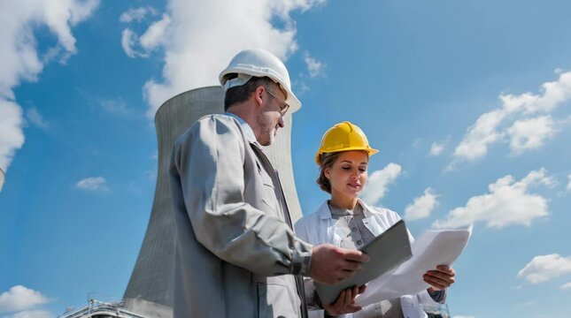 Nuclear engineers in front of cooling power plant atomic energy