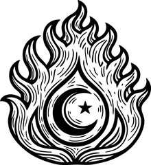 Obraz premium Ornate crescent moon and star within decorative flame motif, hand drawn black ink illustration