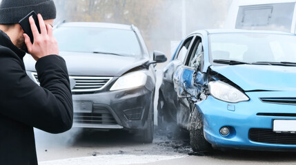 Car accident in urban area with person calling for recovery service and visible vehicle damage
