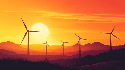 Silhouette of wind turbines on a mountainous landscape during a vibrant sunset