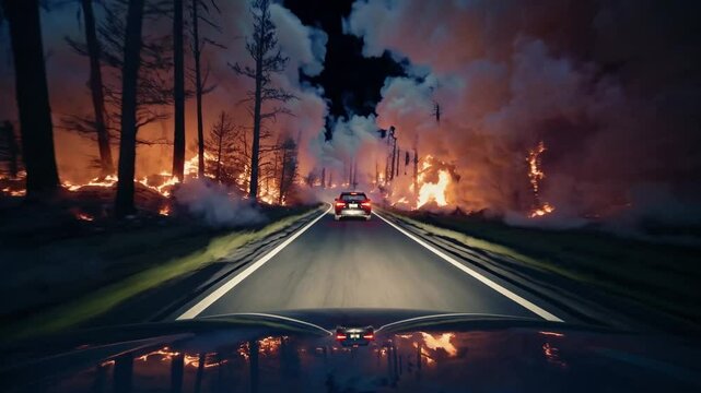 Cars driving through forest wildfire at night with smoke and flames surrounding the road.