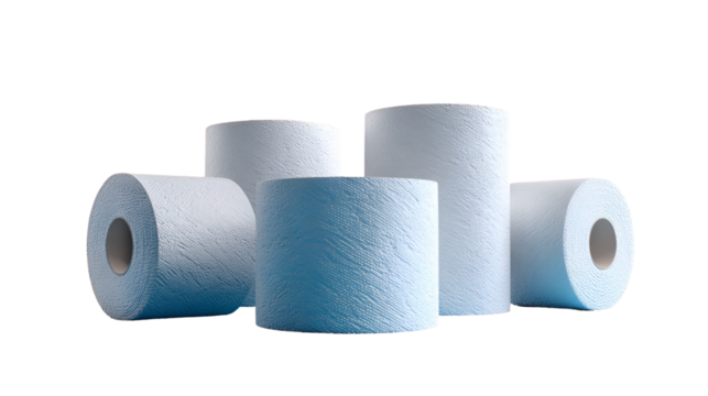 Blue and white toilet paper rolls stacked display