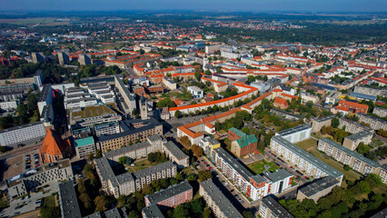 Aerial of the old town of the city Dessau on a sunny noon in summer in Germany.