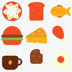 Colorful flat design food icon set featuring a donut, toast, fish, burger, cheese, drumstick, coffee, chocolate popsicle, and fried egg on a light background.
