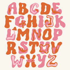Groovy liquid positive vibe aesthetic hand-drawn bright color alphabet font with flowers and mushrooms in hippie bohemian groovy postmodern funky 1960s boho mushroomcore trendy psychedelic style