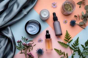 Top View of Skincare Tube, Jar, and Dropper Bottle on Soft Linen – Left-Aligned on Pastel Background for Beauty Branding or Product Mockup
