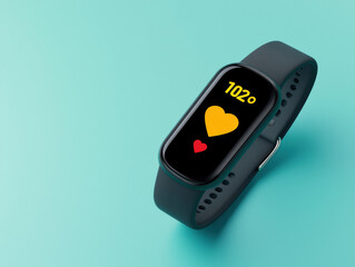  sleek fitness tracker with a black band displays heart rate data on a turquoise background.