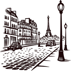hand drawn illustration of city street with vintage cars, classic buildings, lampposts, and iconic tower in distance