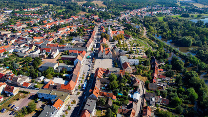 Aerial of the old town of the city Coswig on a sunny noon in summer in Germany.