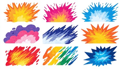 Obraz premium Bursting Creativity Icon Set with Comic-Style Explosions and Paint Splashes on White Background