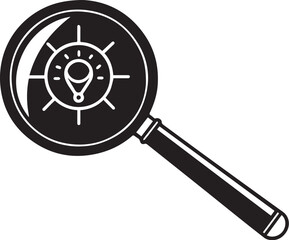 Black silhouette of magnifying glass with search symbol in flat minimal vector style, icon for find, zoom, research, exploration, focus, analysis, discovery, information, and detective concept