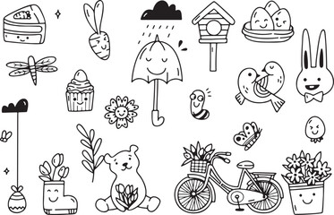 Spring Garden Doodle Vector | Hand-Drawn Girl with Flowers, Birdhouse, and Gardening Tools

