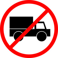 No truck sign. Truck prohibition sign. Trucks are prohibited from parking. Trucks are prohibited from passing. A red circle with a no box cars