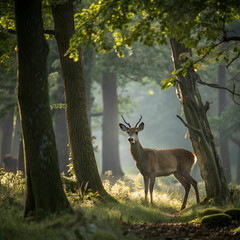 Obraz premium Graceful Deer Standing Silently Among Tall Forest Trees, Capturing the Peace, Beauty, and Stillness of Untouched Natural Wilderness