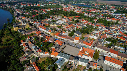Aerial of the old town of the city Coswig on a sunny noon in summer in Germany.
