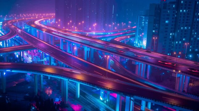 Futuristic aerial view of a glowing highway interchange in a megacity at night, with neon lights and car light trails showing motion.

