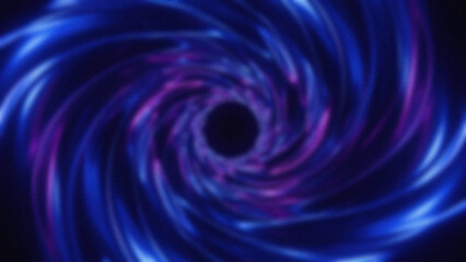 Abstract blurred image of swirling blue and pink light trails around a dark central hole on a dark background