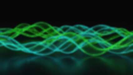 Abstract blurred waves of glowing green and blue light against a dark background reflected on a shiny surface