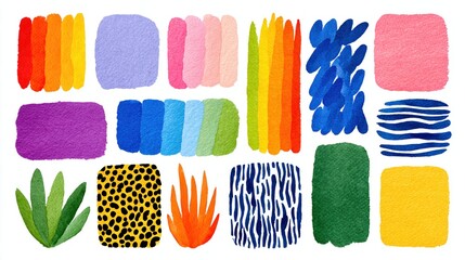 Fototapeta premium Abstract Handmade Collage Paper Shapes Set - Vibrant Colorful Torn Gradients, Brush Strokes, Sticker Doodles, Crumpled Textures on White Background, Icon Design Elements Collection