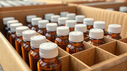 Close up high angle shot of amber glass bottles with white caps in cardboard packaging brown liquid