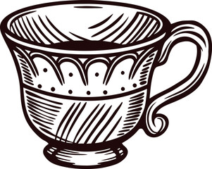 Hand drawn vintage ceramic teacup with ornate pattern and handle, black and white sketch illustration