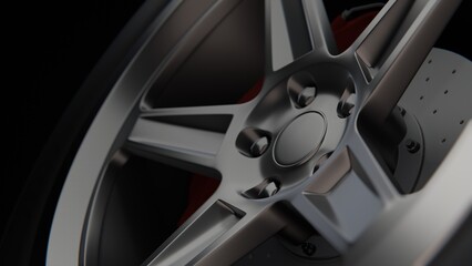 Tire rim race close up. Wheel with disk close up. Dark style for social media and banners. Good background illustration. 3d render
