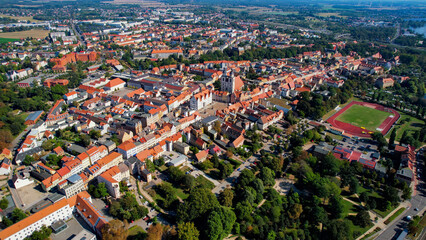 Aerial of the old town of the city Wittenberg on a sunny noon in summer in Germany.
