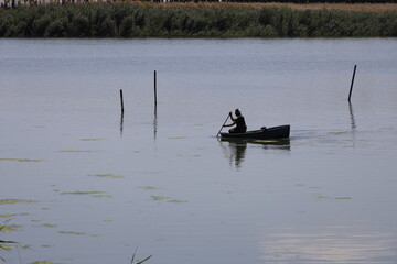 boat, water, lake, sunset, fishing, river, fisherman, sea, nature, silhouette, people, rowing, sun,...