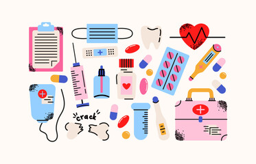 Medical healthcare sticker set. Cartoon doodle icons of pills, syringes, thermometers, masks, dropper bottles, bones, and other cute medical elements. Retro colorful vector collection for pharmacy, ho