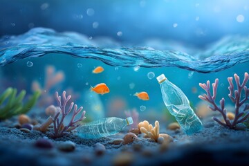 Naklejka premium Underwater scene plastic bottles on the seabed surrounded by coral pebbles and swimming orange fish