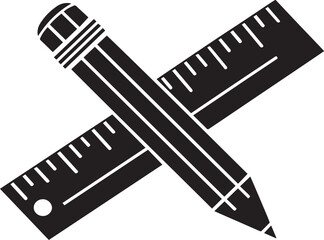 Black silhouette of pencil and ruler crossed in flat vector style, design tools icon for creativity, drawing, measurement, planning, architecture, education, precision, construction, and graphic work