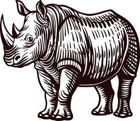 Fototapeta premium Detailed hand drawn rhinoceros illustration in vintage engraved with bold lines and textured shading