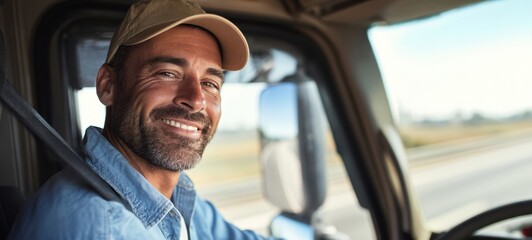 The smiling truck driver enjoying a beautiful day on the road.