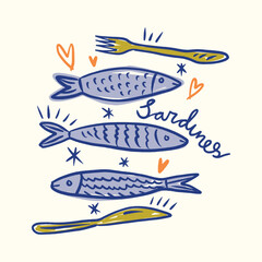 Whimsical Sardines Colorful Seafood Illustration Vector Clipart Positive Vibe For T Shirt Print, Poster, Sticker And Other Uses 