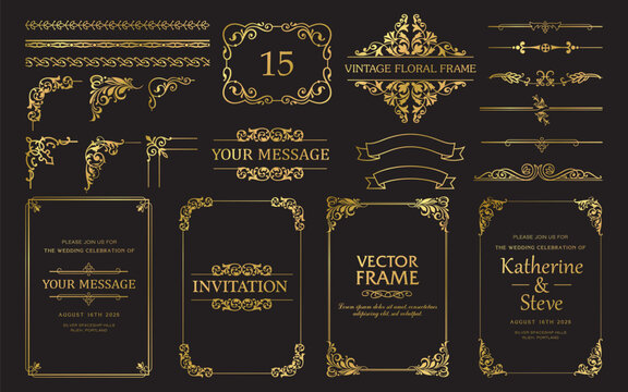 Design gold elements set, decorative flourish border corner and frame collection for invitation, menu and page decoration